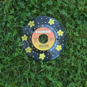 Flowers Painted on 45 Vinyl Record, Upcycled Vinyl Art, Vintage Decor, Record Art