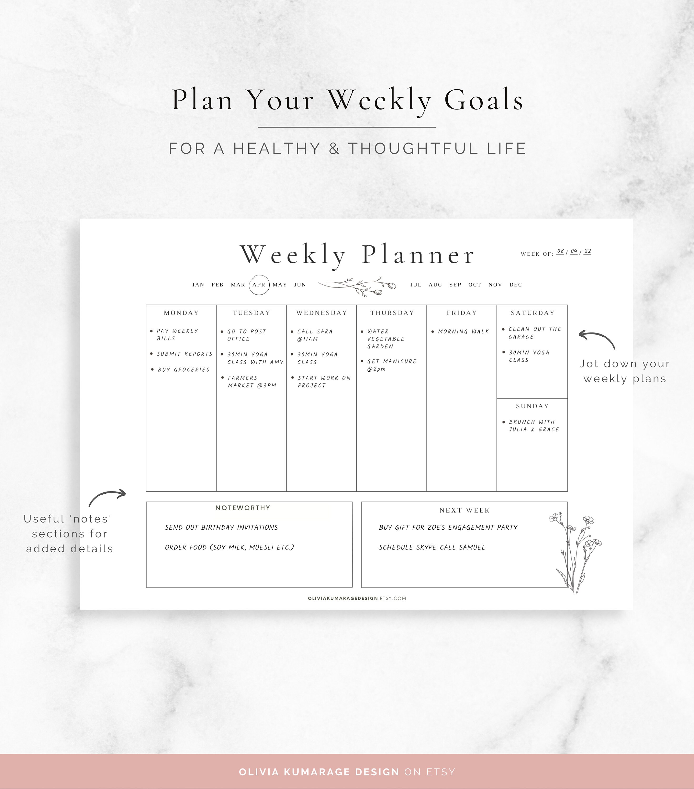 Weekly Planner Printable | Minimalist Floral Daily Journal, Study ...