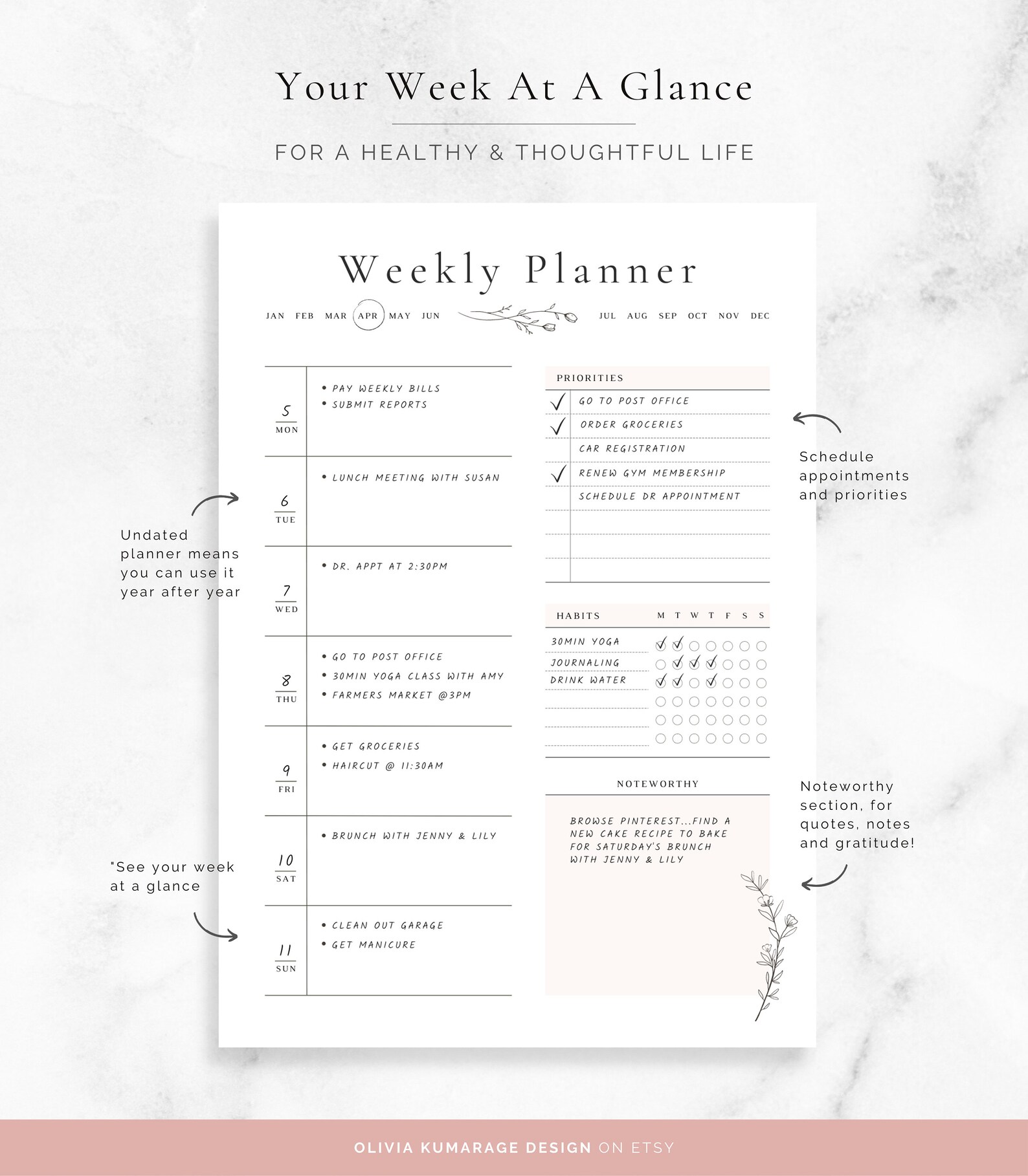 Weekly Planner Printable | Minimalist Floral Daily Schedule, Study ...