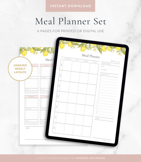 Weekly Meal Planner Printable | Daily Food Journal, Meal Prep Planner, Grocery List, Water Tracker | PDF Digital Download A4, US Letter