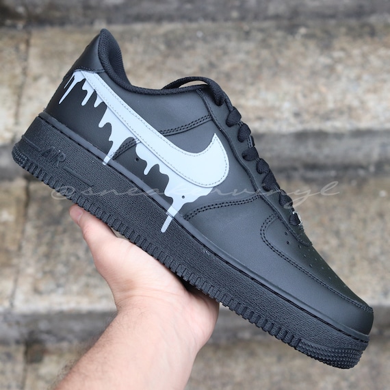 Nike Air Force 1 Low Black Concrete Grey Paint Drip Custom NWT
