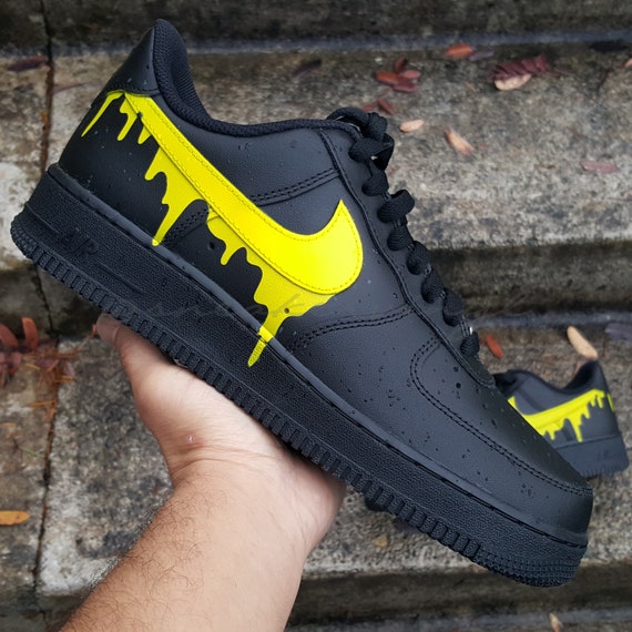 Nike Air Force 1 Low Black N Yellow Paint Drip Custom NWT 