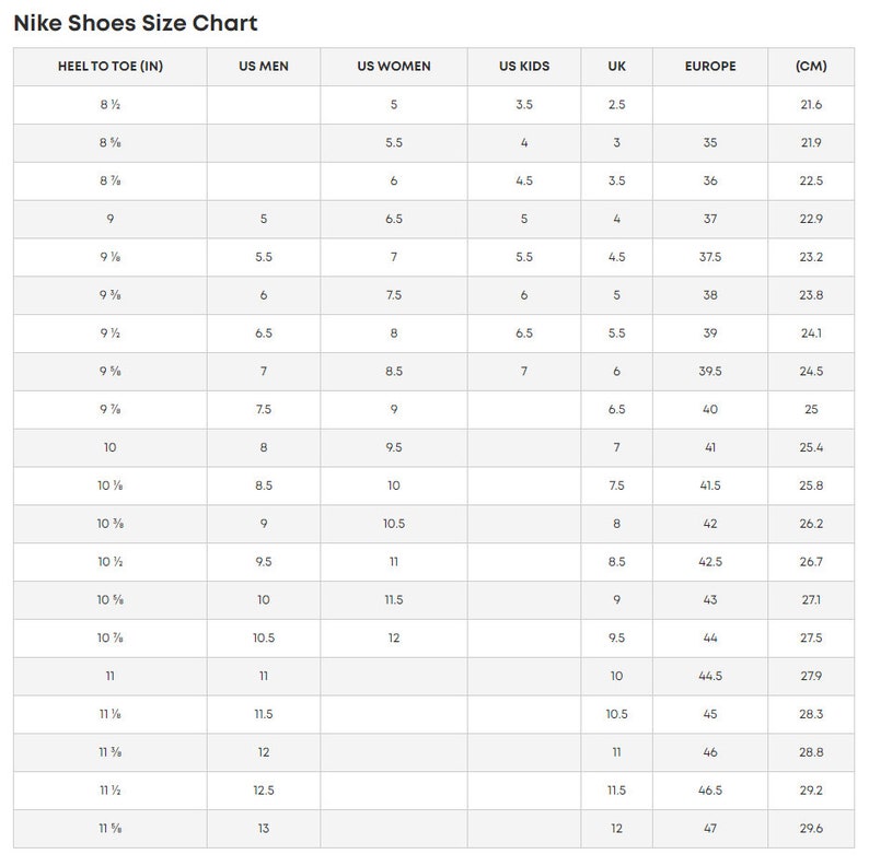 May include: Nike shoe size chart showing conversions between US men's, women's, and kids' sizes, as well as UK, European, and centimeter measurements.