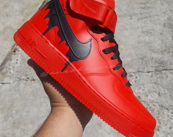 Nike Air Force 1 Mid Red Black Paint Drip Custom NWT 