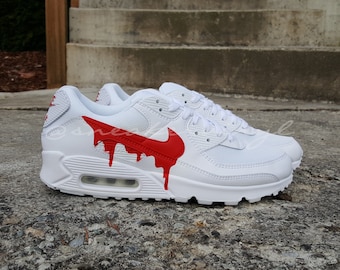 Custom Hand Painted Nike Air Max 90 White Red Paint Drip NWT