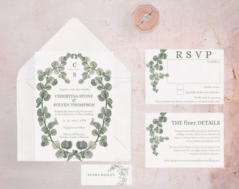 Eucalyptus Wedding Invitation suite, wedding invitations with rsvp and details card,  modern wedding invitation bundle, monogram crest