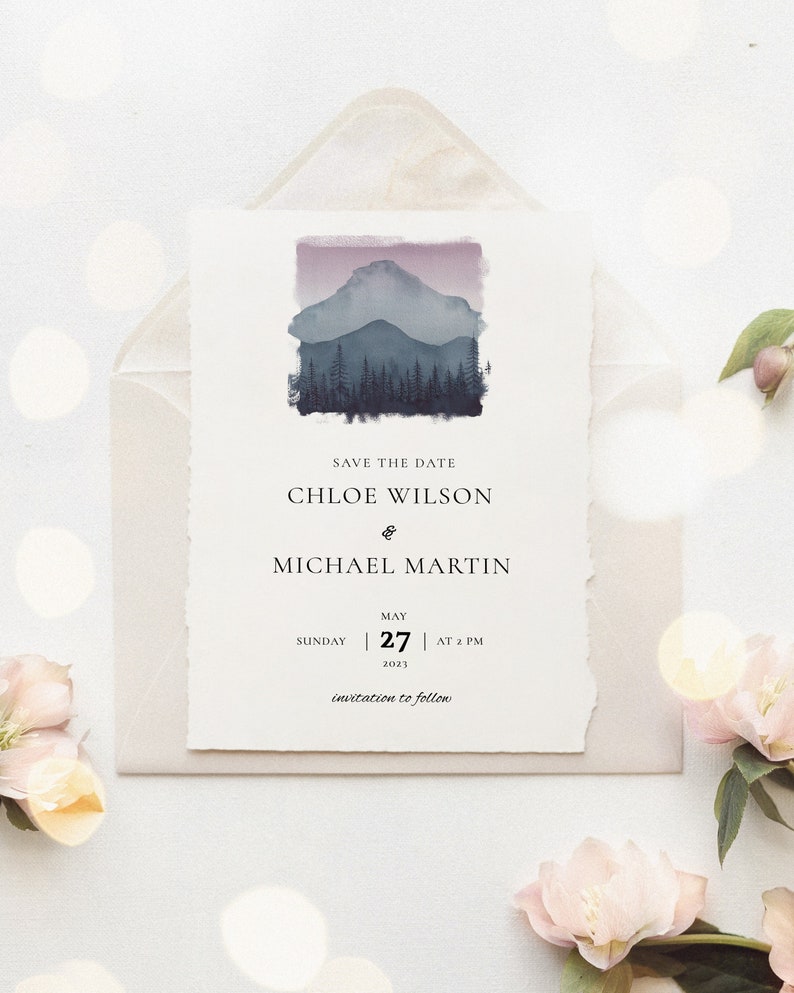 Mountains Wedding save the date invitation, Save the date printable invite, modern minimalist save the date template image 1