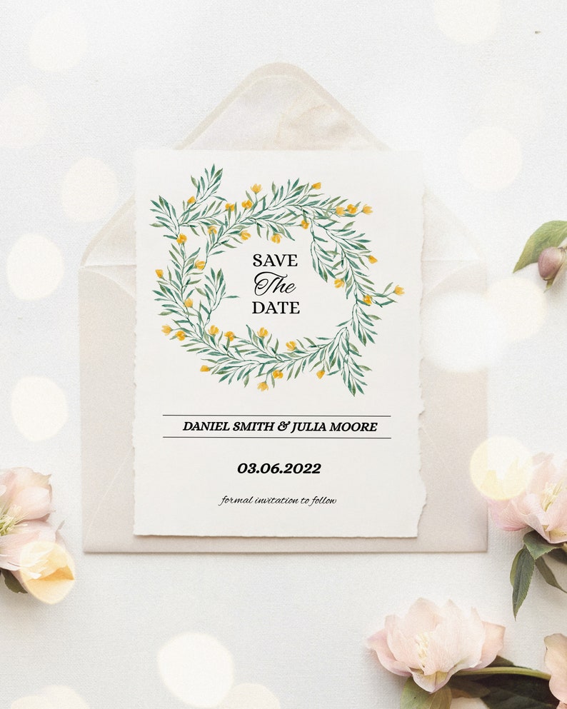 Bright floral wreath save the date template, spring wedding card template, , printable watercolor floral wedding invitations image 1