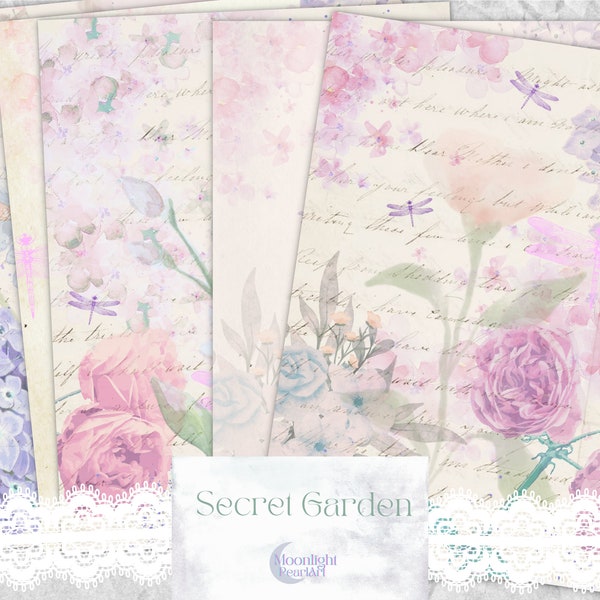 Secret Garden Digital Paper Pack, Lined and Unlined Stationery Paper, Collage and scrapbook paper, Printable junk journal Kit,