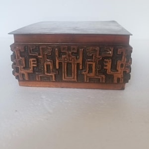 Vintage Sándor MÓGA brutalist,MCM , jewelry box with wood inlay and abstract modernist copper relief.