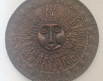 papp zoltan brutalist Vintage Modernist Copper Alloy Round Wall Art Plate Abstract Cubist Stylized Relief of Sun or Face MCM 1960s, 1970s