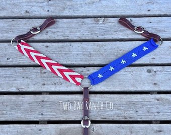 Western breast collar, paracord tack, western tack, braided paracord, paracord breast collar, USA, red white and blue, America,