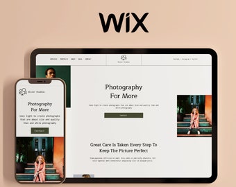 May include: A website mockup for a photography business called Oliver Studios. The website features a photo of a woman sitting on a set of stairs, a call to action button that says "Contact", and the text "Photography For More" and "Great Care Is Taken Every Step To Keep The Picture Perfect".