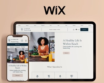 May include: A website screenshot showing a woman in a kitchen with a table full of healthy food. The website is for a health coach named Natalie King. The text on the website says "A Healthy Life Is Within Reach" and "Online healthy life coaching with Natalie King".
