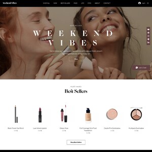 May include: Weekend Vibes: A website for makeup products featuring a photo of two women applying makeup with brushes. The website features a variety of products, including eyeshadow palettes, lipstick, eyeliner, foundation, and more. The website also features a "Shop Now" button.