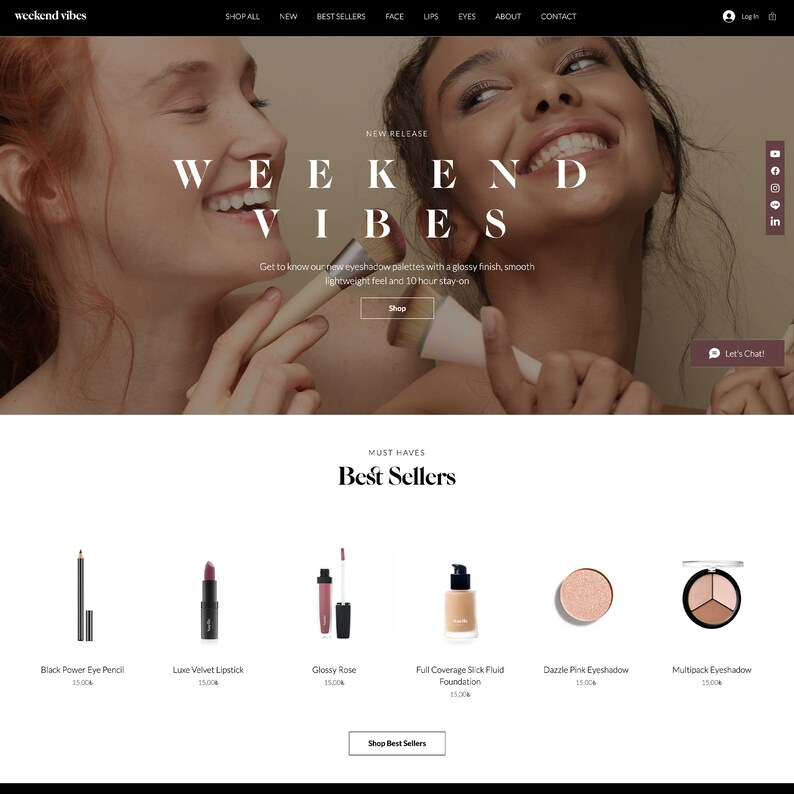 May include: Weekend Vibes: A website for makeup products featuring a photo of two women applying makeup with brushes. The website features a variety of products, including eyeshadow palettes, lipstick, eyeliner, foundation, and more. The website also features a "Shop Now" button.