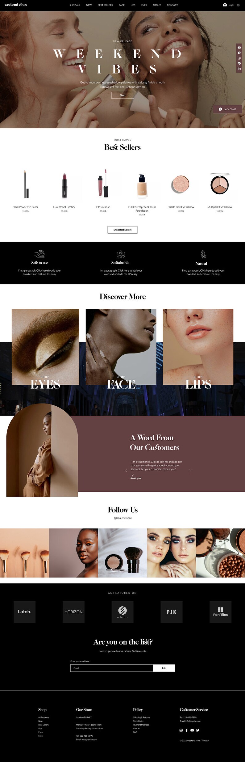 May include: Website homepage for a cosmetics brand called Weekend Vibes. The website features images of models wearing makeup, product images, and text that says "Weekend Vibes" and "Best Sellers".