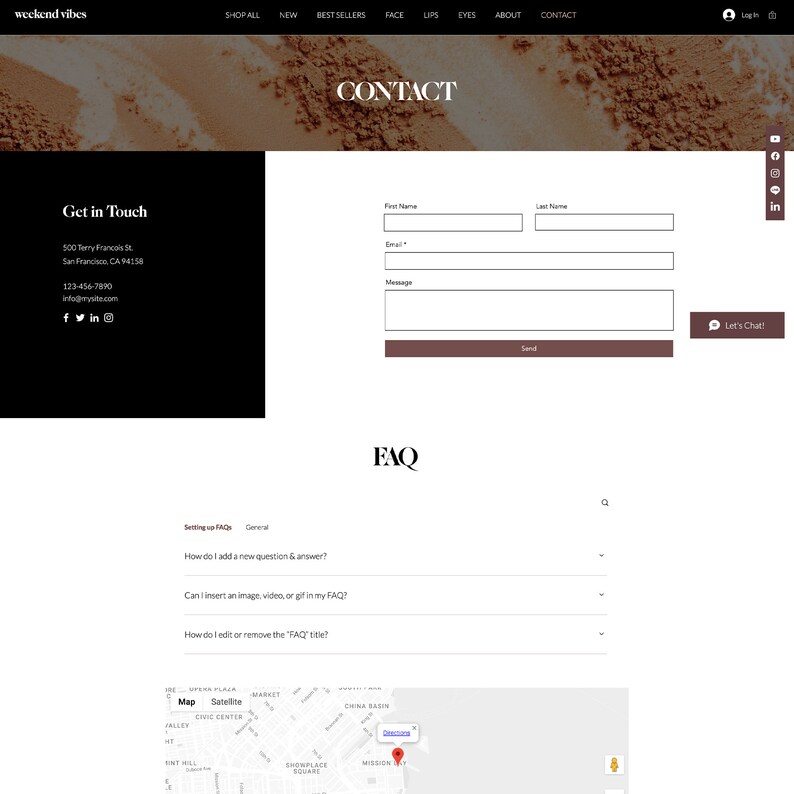 May include: A website contact page with a form to submit a message, a map showing the location of the business, and a frequently asked questions section.
