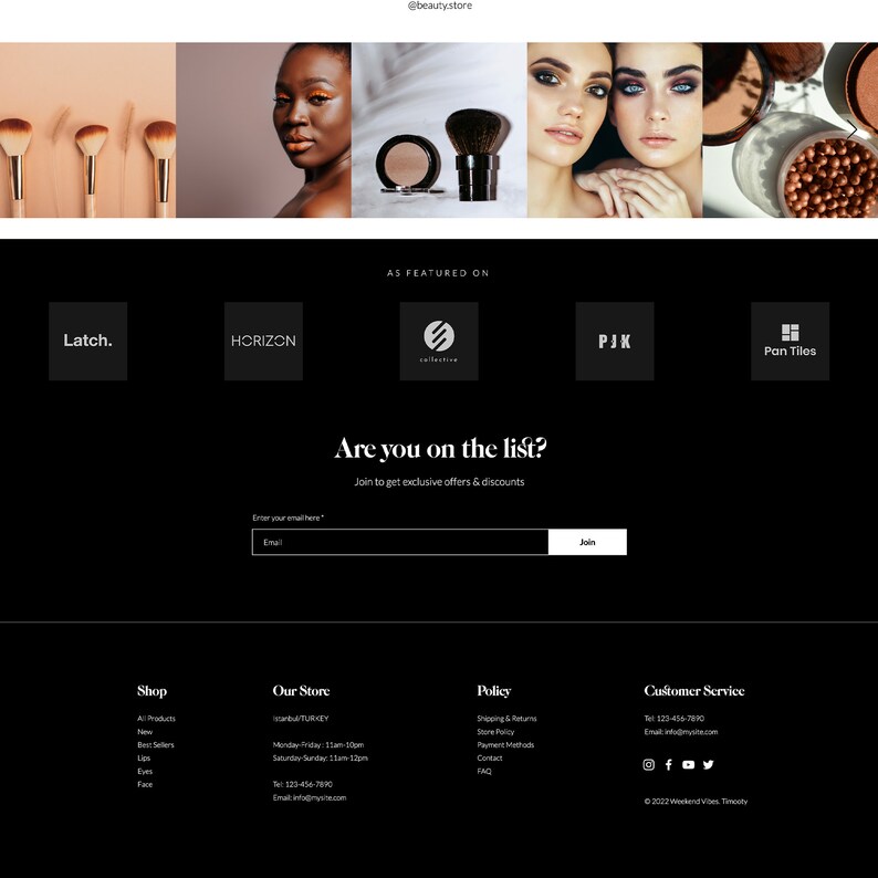 May include: A website homepage for a beauty store featuring images of makeup products and models. The website has a black background with white text and a call to action to join the email list for exclusive offers and discounts. The website also features a list of featured brands, including Latch, Horizon, Collective, PJK, and Pan Tiles.