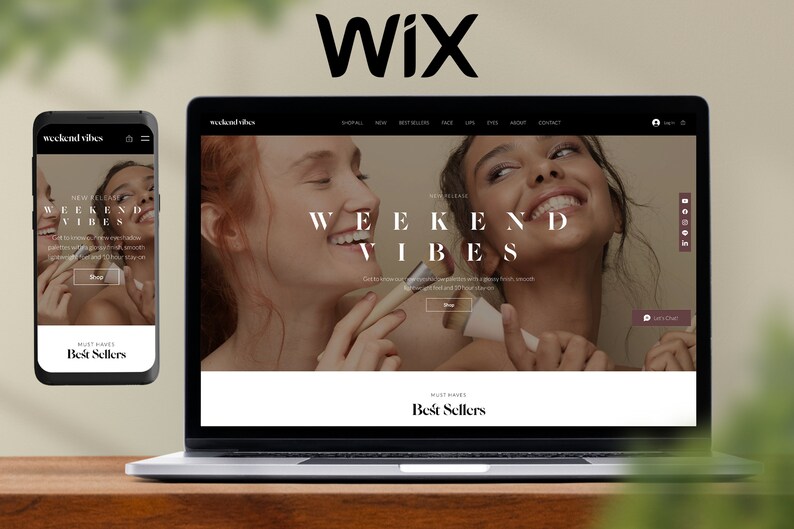 May include: A website screenshot for a beauty brand called "Weekend Vibes" featuring two women smiling and applying makeup. The website has a simple design with a large image of the women and text that says "New Release: Weekend Vibes". The website also has a "Shop" button and a "Best Sellers" section.