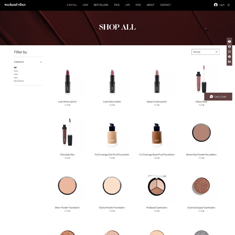 May include: A selection of makeup products, including lipsticks, foundations, eyeshadows, and powder foundations. The products are arranged in a grid on a white background. The text "Shop All" is displayed at the top of the image.