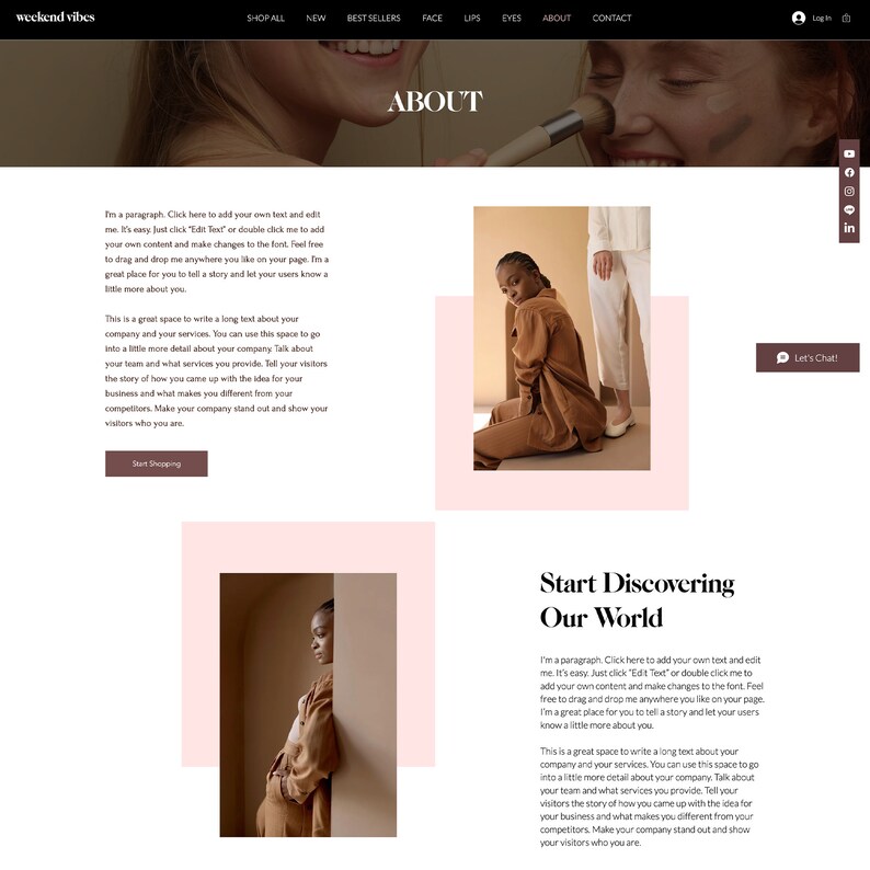 May include: Website homepage for Weekend Vibes, a company that sells beauty products. The website features a photo of a woman with makeup brushes and a text box that says "About".
