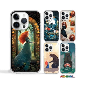 May include: Set of six phone cases featuring different illustrations from the movie Brave. The cases are clear with a black border and feature images of Merida, the bear, and the text "Brave".