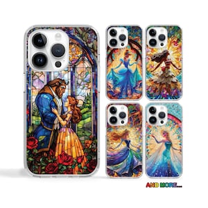 May include: A set of six iPhone cases featuring stained glass designs of Disney princesses and characters. The cases are clear with colourful images of Belle and the Beast, Cinderella, Ariel, Snow White, Aurora, and Rapunzel.