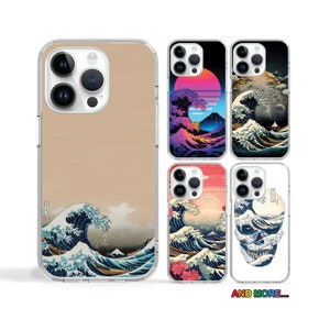 May include: A set of clear phone cases with different designs featuring the Great Wave off Kanagawa, a Japanese woodblock print. The designs include a retro sunset, a skull, and a traditional Japanese wave.