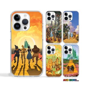 May include: Set of six iPhone cases featuring different scenes from the movie "The Wizard of Oz". The cases are clear with a colorful image printed on the back. The images include Dorothy, the Scarecrow, the Tin Man, the Cowardly Lion, and the Yellow Brick Road.