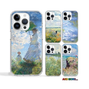May include: Set of four clear phone cases featuring different famous paintings printed on the back. The paintings include a woman with an umbrella, a field of flowers, a river scene, and a cliffside.