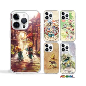 May include: Clear phone case with a colorful illustration of a fantasy scene. The case features a detailed image of characters in a town setting. Additional cases with different fantasy art are also shown. The words "AND MORE..." are printed on the bottom right.