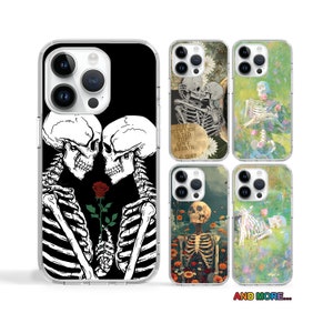 May include: Four different iPhone cases with a skeleton theme. The first case features two skeletons holding a red rose. The second case features a skeleton with flowers and the text "Just between us did the love affair fall to pieces". The third case features a skeleton with flowers. The fourth case features a skeleton with flowers.