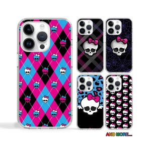 May include: Set of five different phone cases featuring a skull and crossbones design with pink and blue accents. The cases are all clear and have a variety of patterns, including plaid, polka dots, and a skull and crossbones pattern.