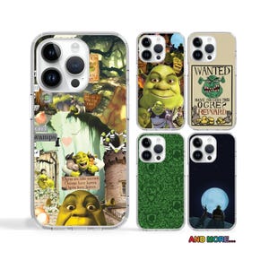 May include: Set of six iPhone cases featuring a green ogre character with the text "Have you seen this ogre? Reward" on one case. The other cases feature a green and black pattern, a green and white pattern, and a blue sky with a moon.