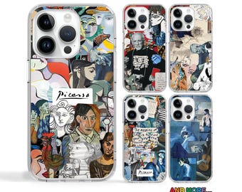 May include: Set of six iPhone cases featuring colorful abstract art inspired by Picasso. Each case features a different collage of paintings and text.