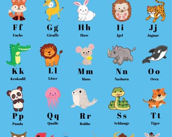 ABC Poster Animals German – Children's Room Wall Art – Digital Alphabet Poster A-Z with Animals – PDF/PNG for Printing – A3 A4