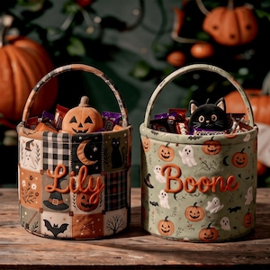 Vintage Halloween Bag with Name, Personalized Kids Boo Basket, Retro Pumpkin Patchwork Candy Bucket, Custom Trick or Treat Bag