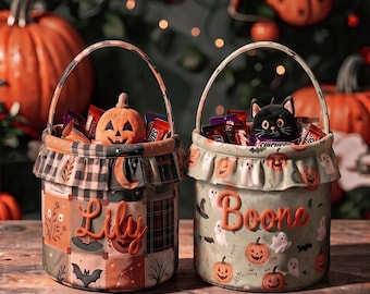 Vintage Halloween Bag with Name, Personalized Kids Boo Basket, Retro Pumpkin Patchwork Candy Bucket, Custom Trick or Treat Bag