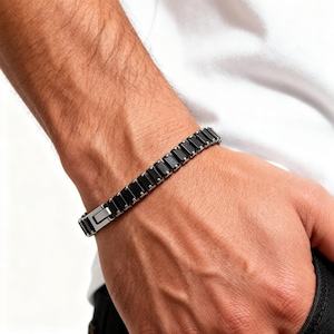 Men's Black Obsidian Tennis Chain Bracelet, Stainless Steel Clasp, Daily Wear