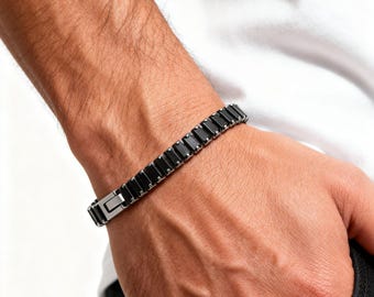 Bracciale da tennis da uomo in ossidiana nera, chiusura in acciaio inossidabile, da indossare tutti i giorni