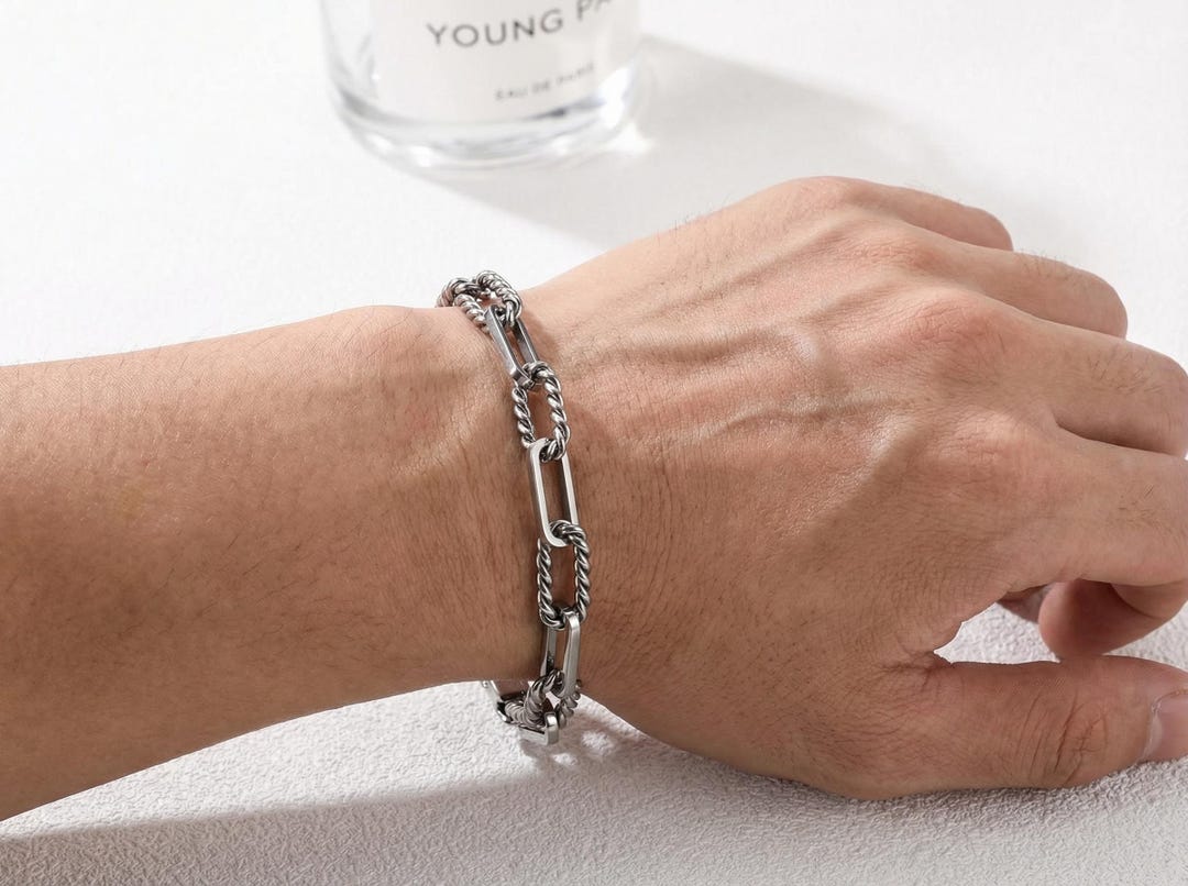 Double Paperclip And Rope Chain Men's Stainless Steel Double Chain Bracelet, Paperclip Rope Wristband ...