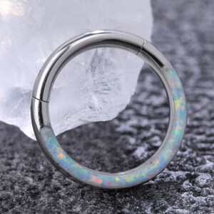16G Surgical Steel Nose Ring Hoop: White Opal Septum Piercing