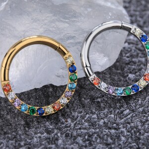 16g 316L Surgical Steel CZ Nose Ring Clicker, Silver Nose Ring Hoop, Hinged Colorful Hoop, Silver Nose Jewelry, Nose Hoop 1.2*6/8/10/12mm