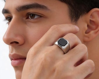 Anello da uomo in ossidiana, anello con sigillo, semplice ed elegante, accessorio casual per tutti i giorni.