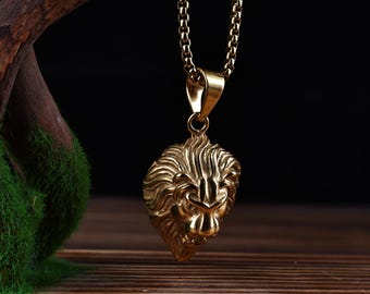 14K Gold Plated Lion Titanium Steel Pendant Necklace: Hip Hop Fashion