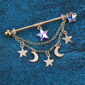 WOMEN INDUSTRIAL BARBELL - Barbell Ear Piercing, Crescent Star Industrial Barbell, Cute Industrial Barbell, Star Chain Industrial Barbell