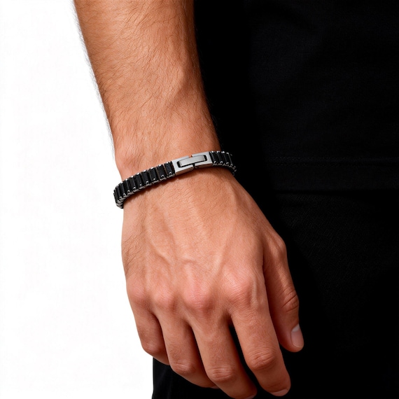Men's Black Obsidian Tennis Chain Bracelet, Stainless Steel Clasp
