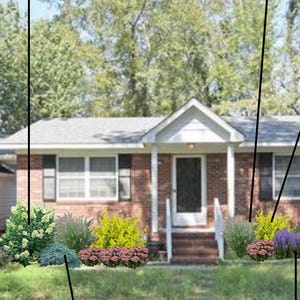 May include: A brick ranch house with a front porch and a landscaped yard. The yard features a variety of plants, including bushes, flowers, and trees. The house has a white door and windows.