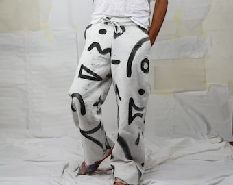 Straight linen pants, painted pants, black and white pants, graphic pants, Isamu pants, Etok Project, art pants, ROMA pants